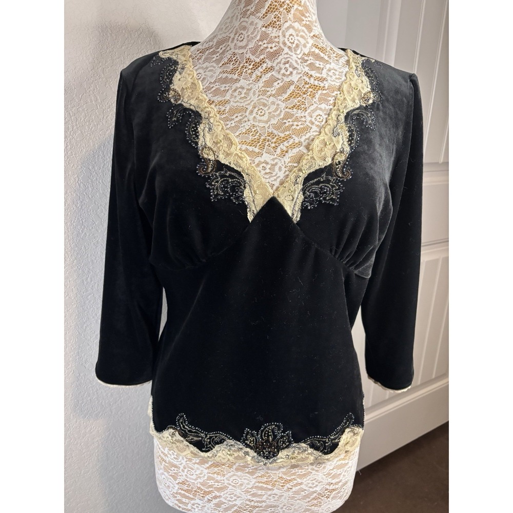Emma James Velvet Babydoll Women's Top Lace Beaded Romantic Whimsygoth L Y2K Vtg